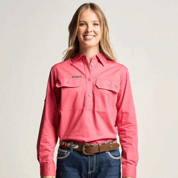 SOMERSET | Womens Half Button Long Sleeve Work Shirt - Hibiscus Pink Thumbnail